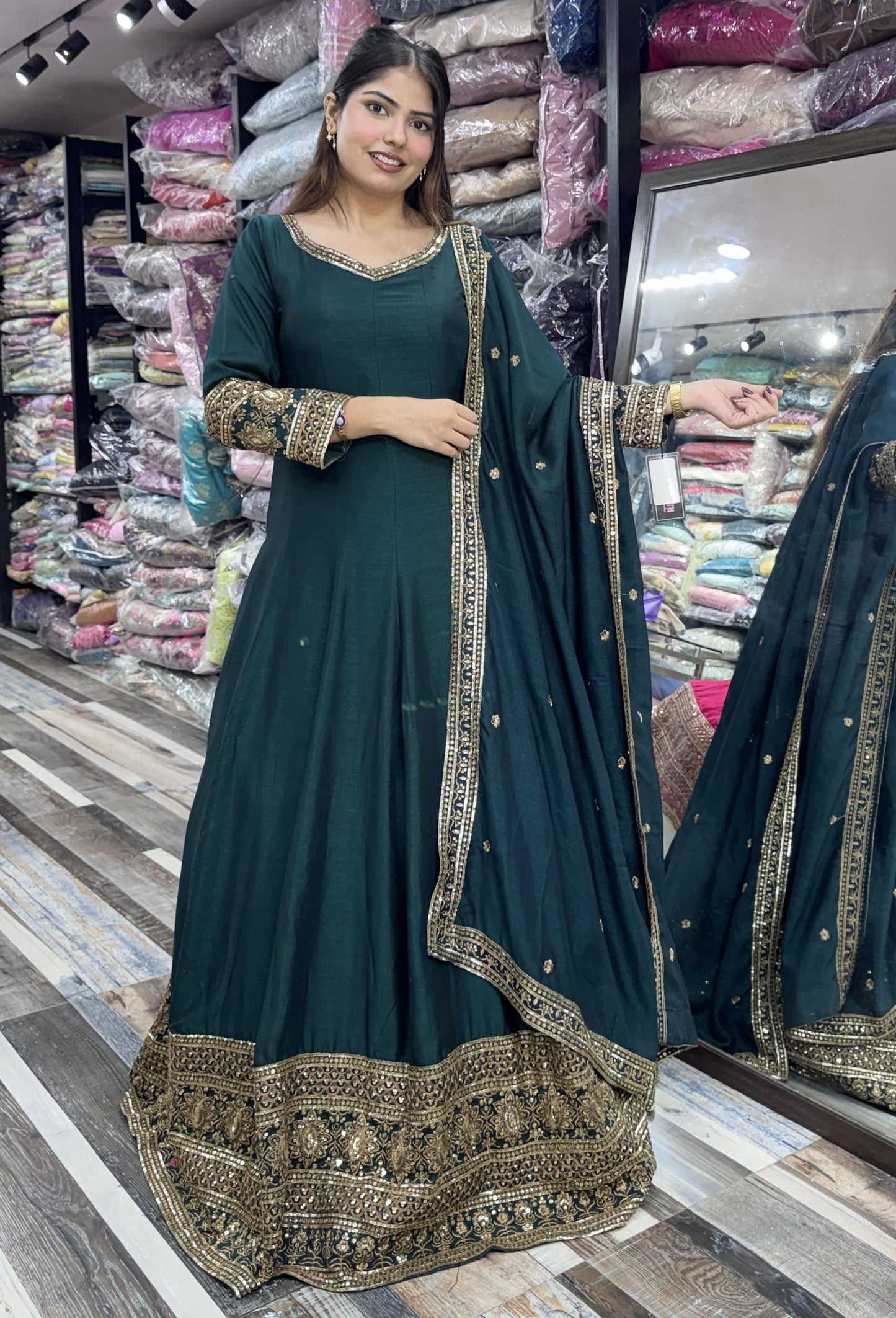 Designer V-Neck Anarkali Suit with Zari Embroidery & Border Dupatta