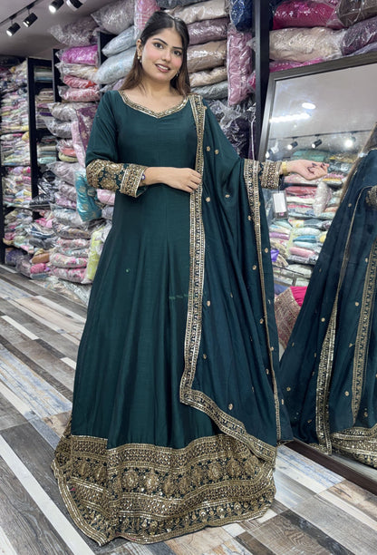 Designer V-Neck Anarkali Suit with Zari Embroidery & Border Dupatta