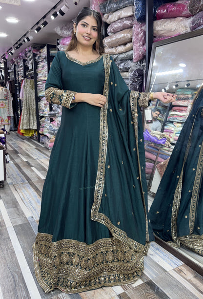 Designer V-Neck Anarkali Suit with Zari Embroidery & Border Dupatta