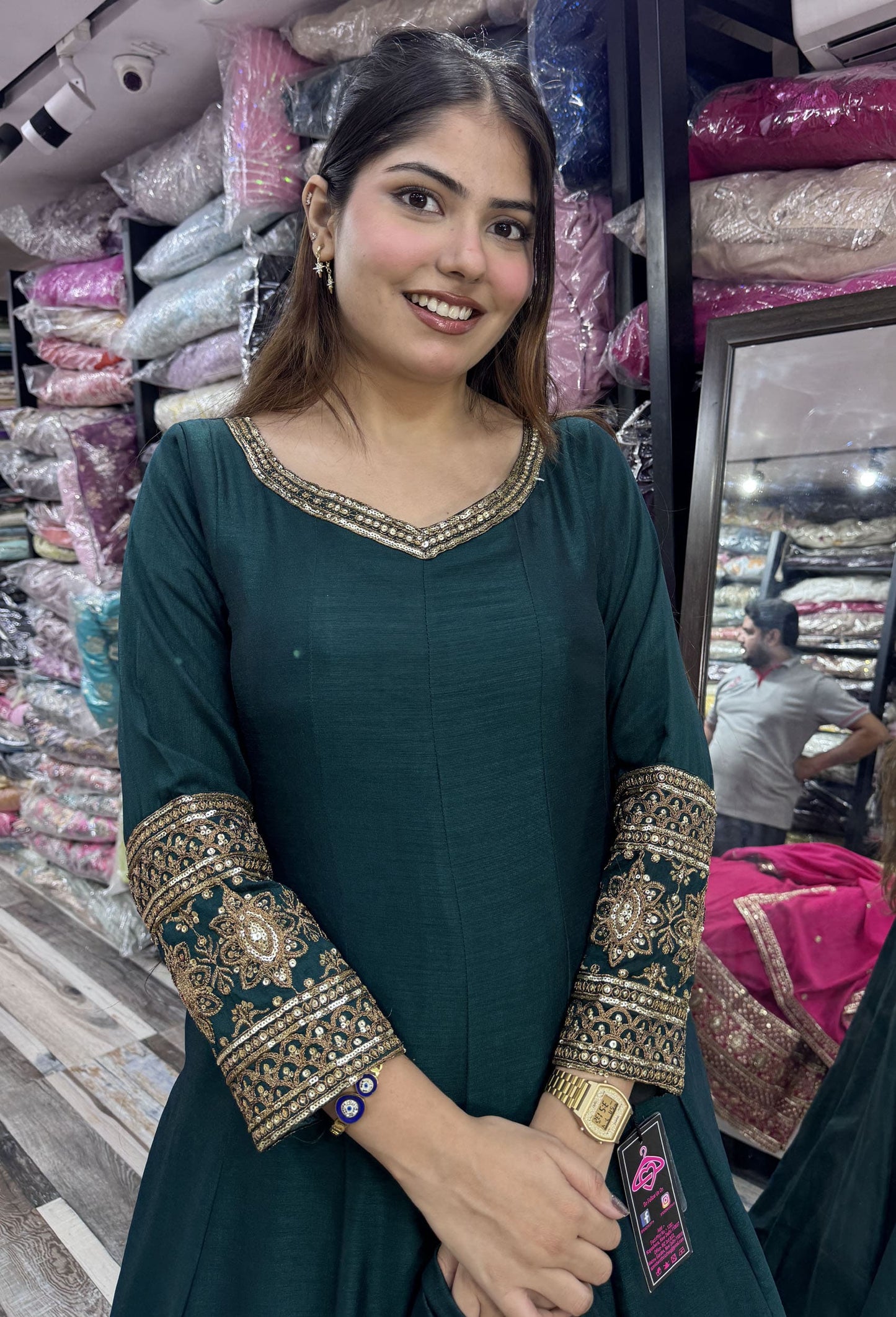 Designer V-Neck Anarkali Suit with Zari Embroidery & Border Dupatta