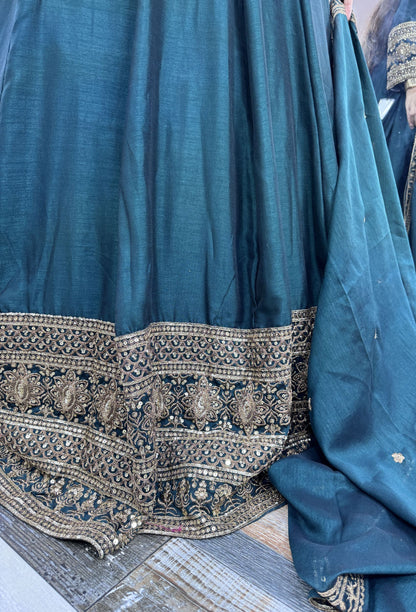 Designer V-Neck Anarkali Suit with Zari Embroidery & Border Dupatta