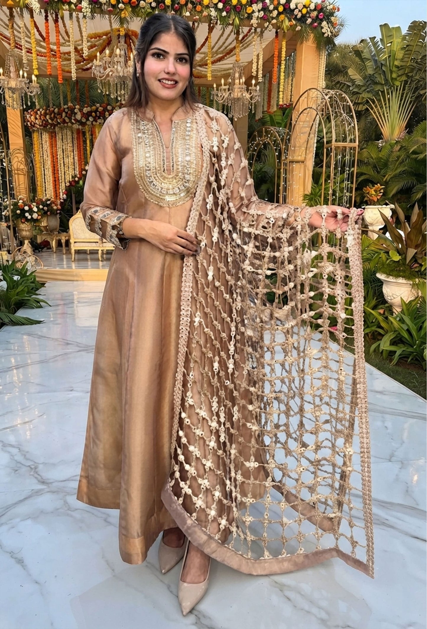 Pure Shimmer Tissue Silk Anarkali with Embroidered Jaal Dupatta