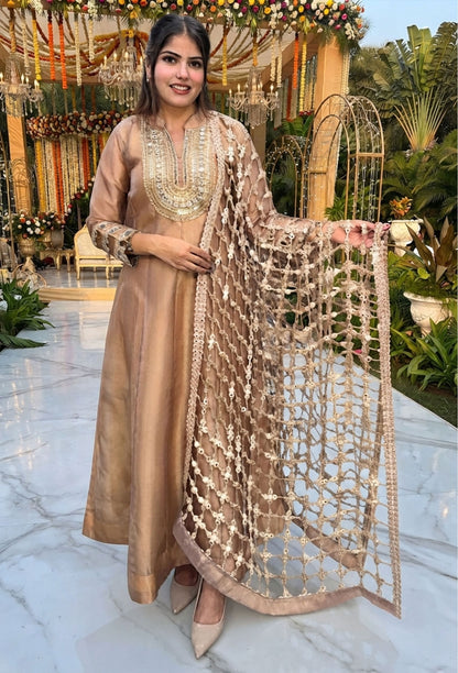 Pure Shimmer Tissue Silk Anarkali with Embroidered Jaal Dupatta