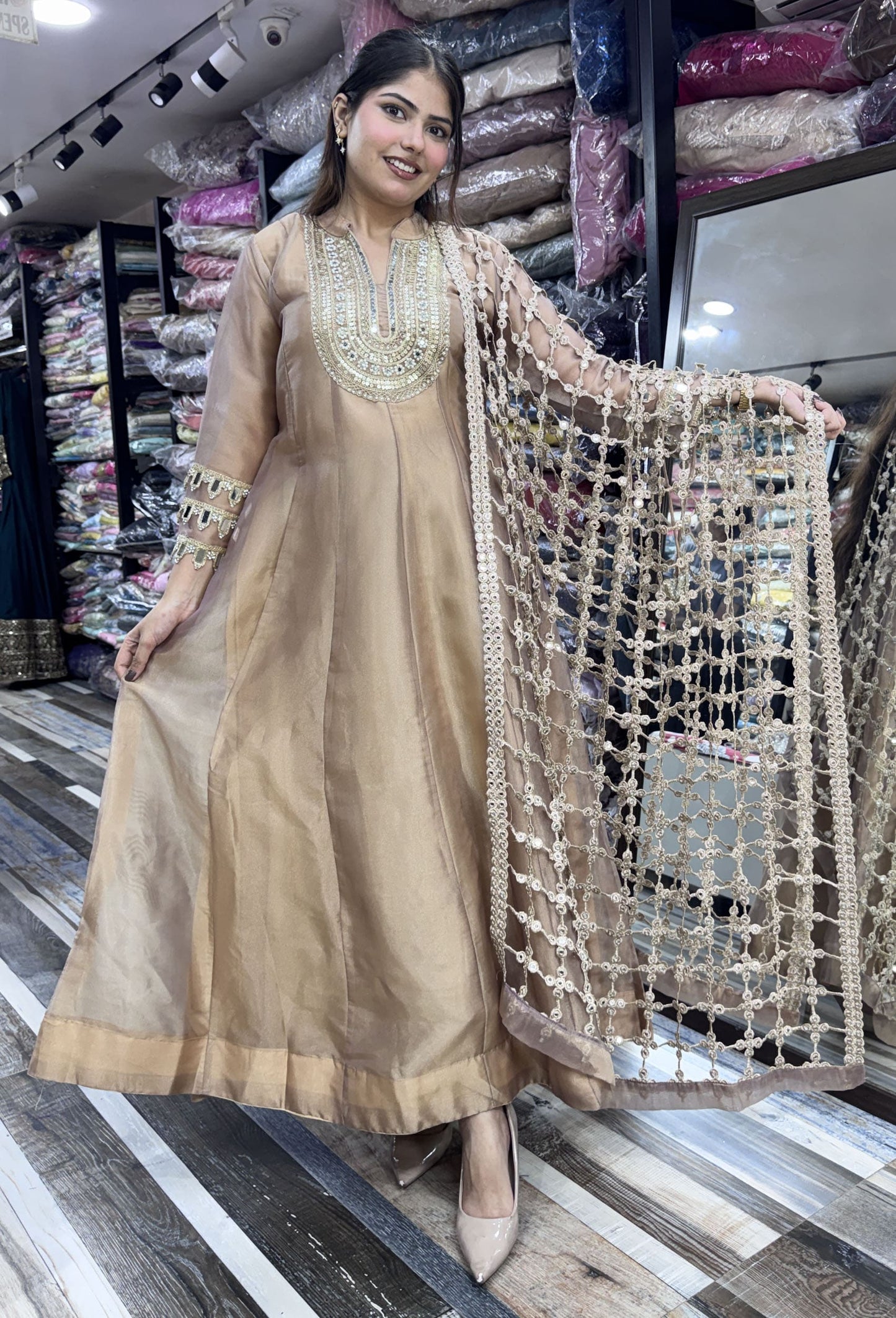 Pure Shimmer Tissue Silk Anarkali with Embroidered Jaal Dupatta