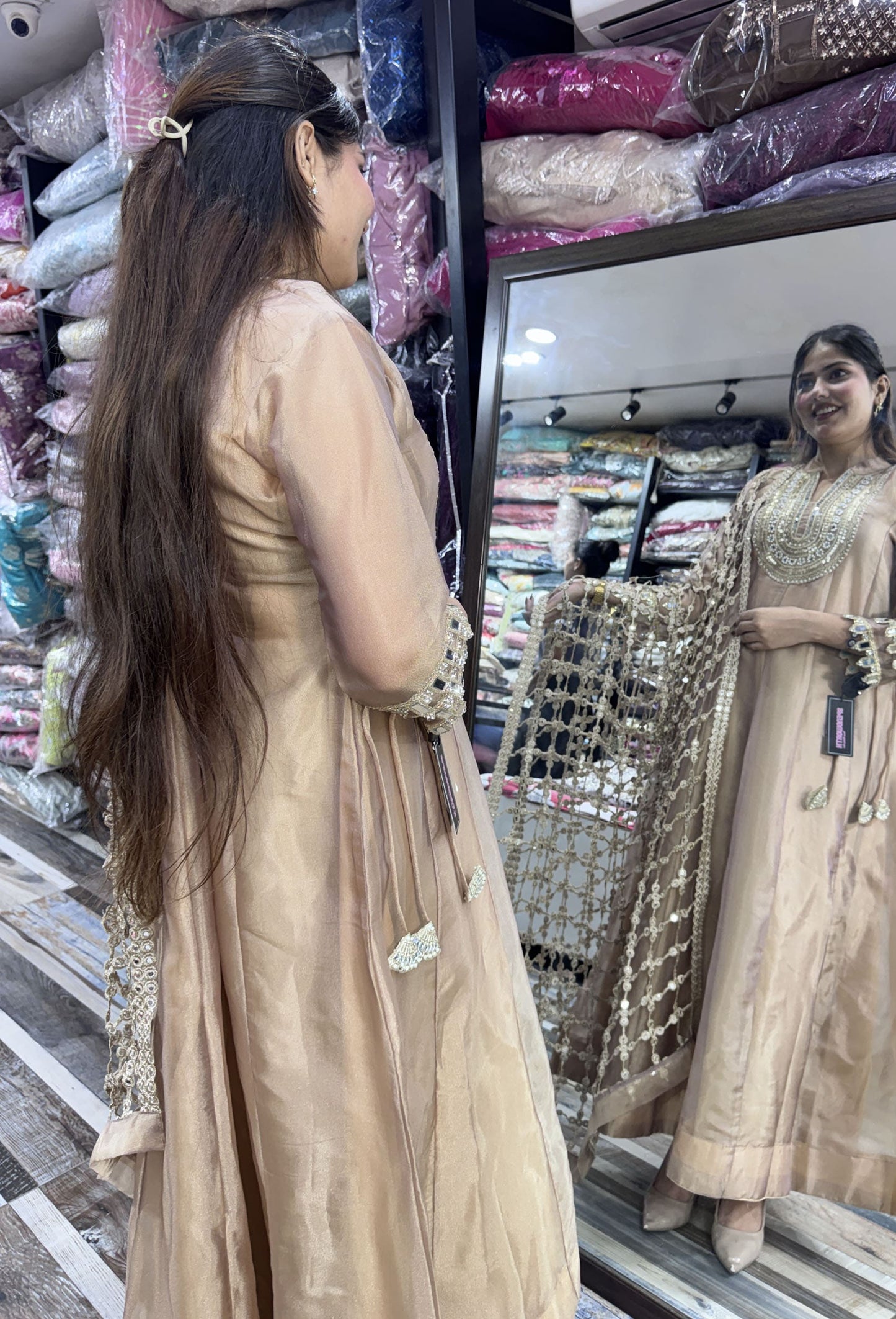 Pure Shimmer Tissue Silk Anarkali with Embroidered Jaal Dupatta