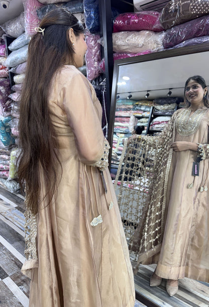 Pure Shimmer Tissue Silk Anarkali with Embroidered Jaal Dupatta