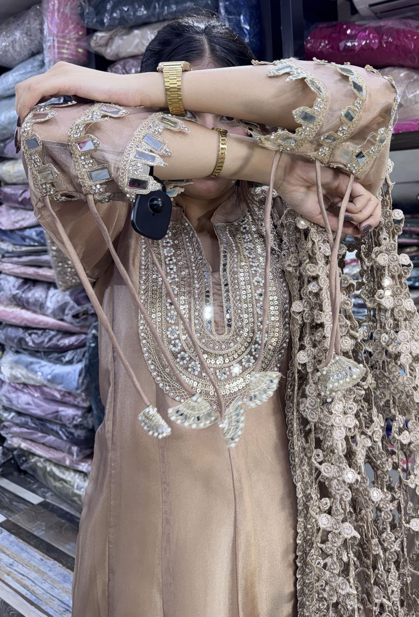 Pure Shimmer Tissue Silk Anarkali with Embroidered Jaal Dupatta