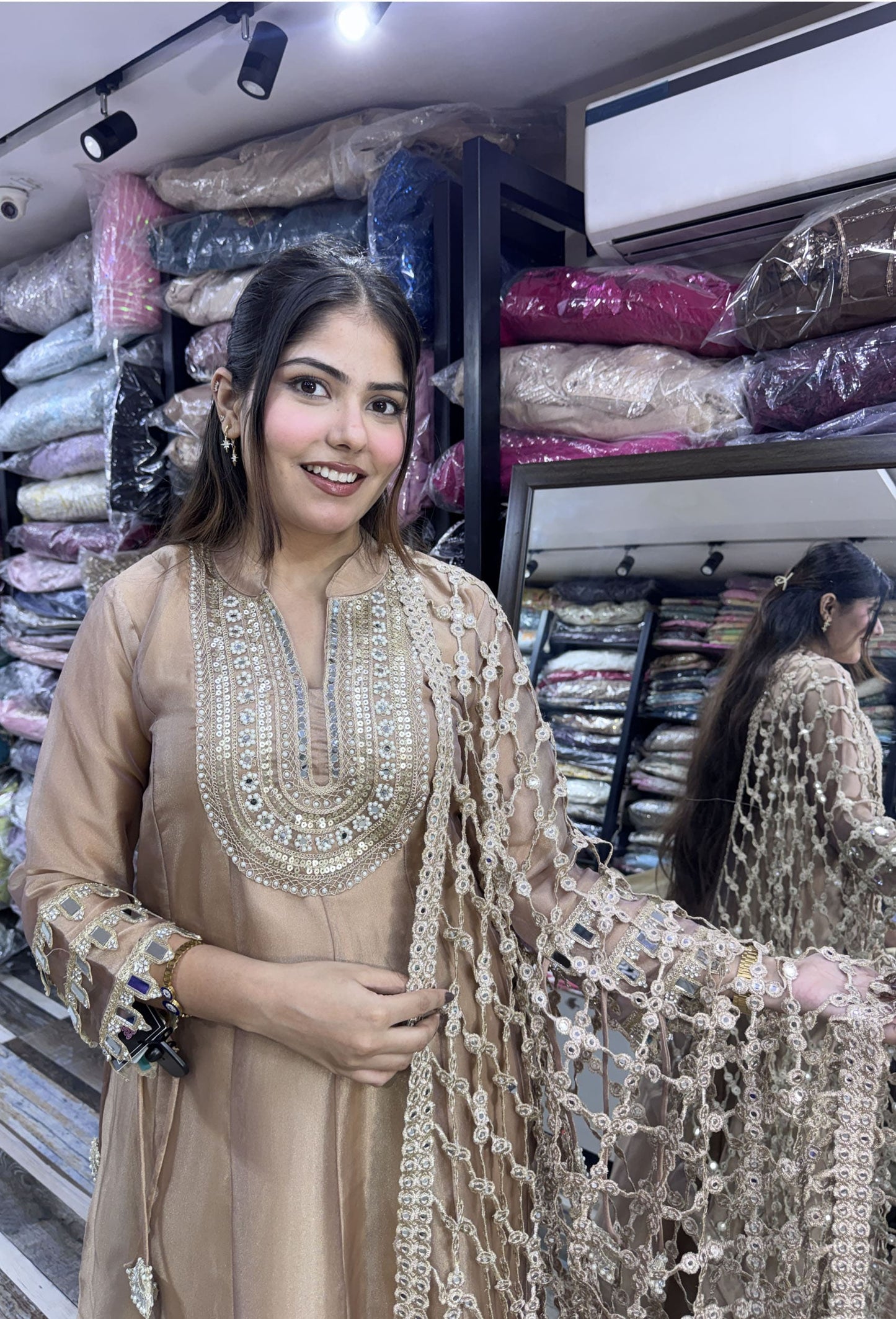 Pure Shimmer Tissue Silk Anarkali with Embroidered Jaal Dupatta