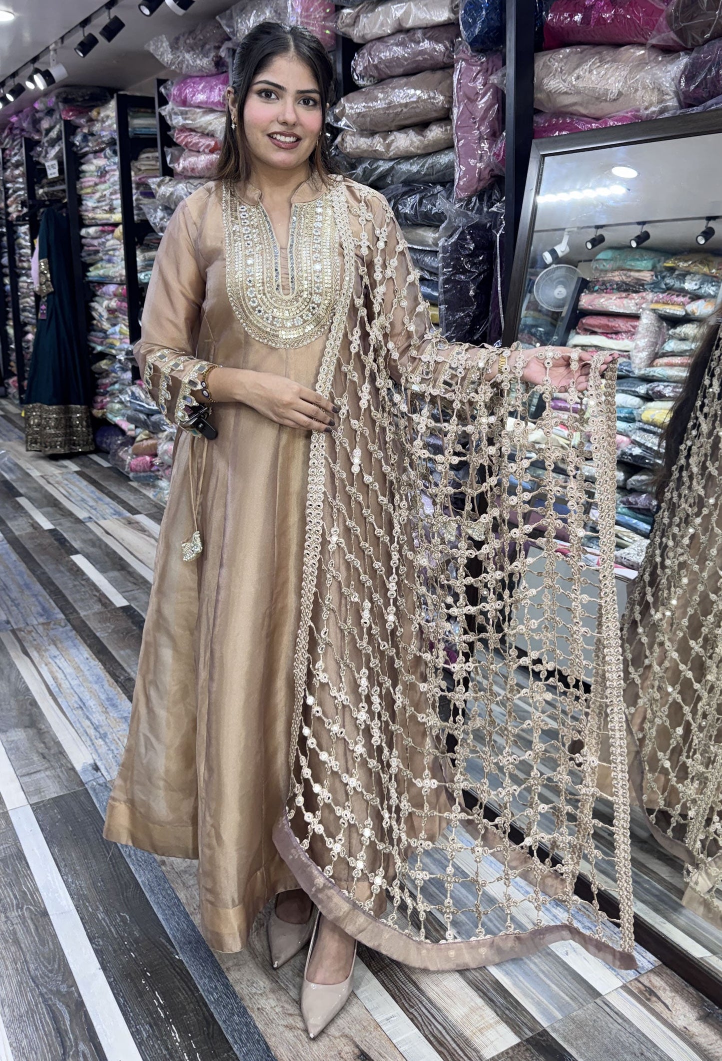 Pure Shimmer Tissue Silk Anarkali with Embroidered Jaal Dupatta