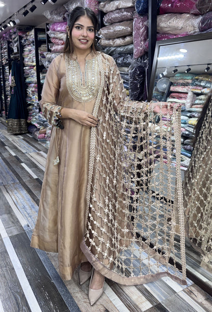 Pure Shimmer Tissue Silk Anarkali with Embroidered Jaal Dupatta