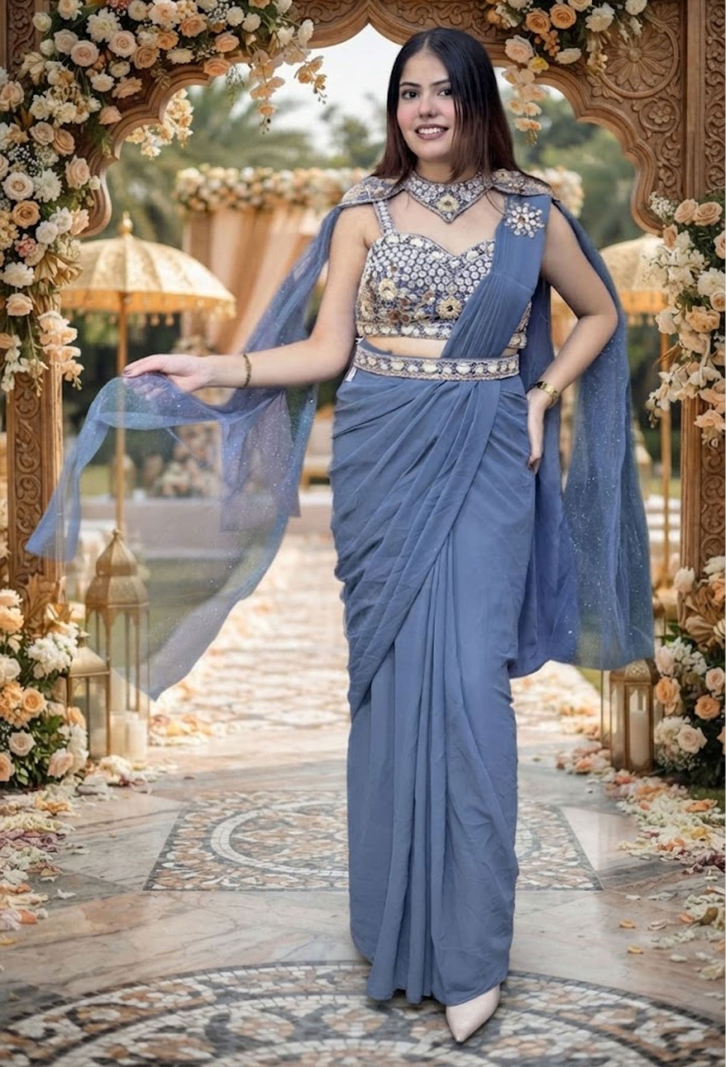 Cape Style Ready-to-Wear Drape Saree with Handwork Blouse & Belt