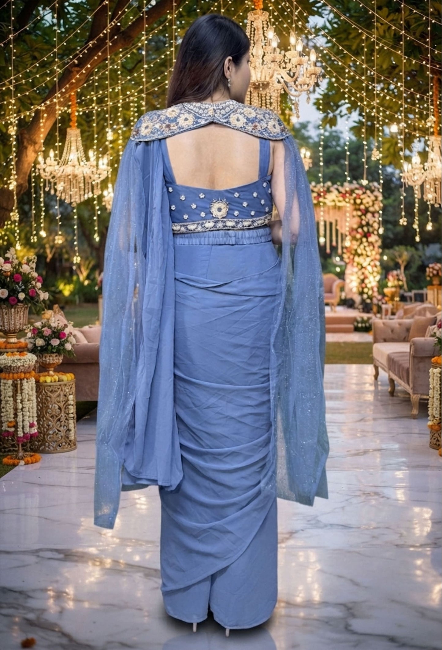 Cape Style Ready-to-Wear Drape Saree with Handwork Blouse & Belt