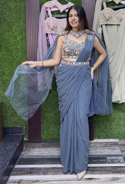 Cape Style Ready-to-Wear Drape Saree with Handwork Blouse & Belt
