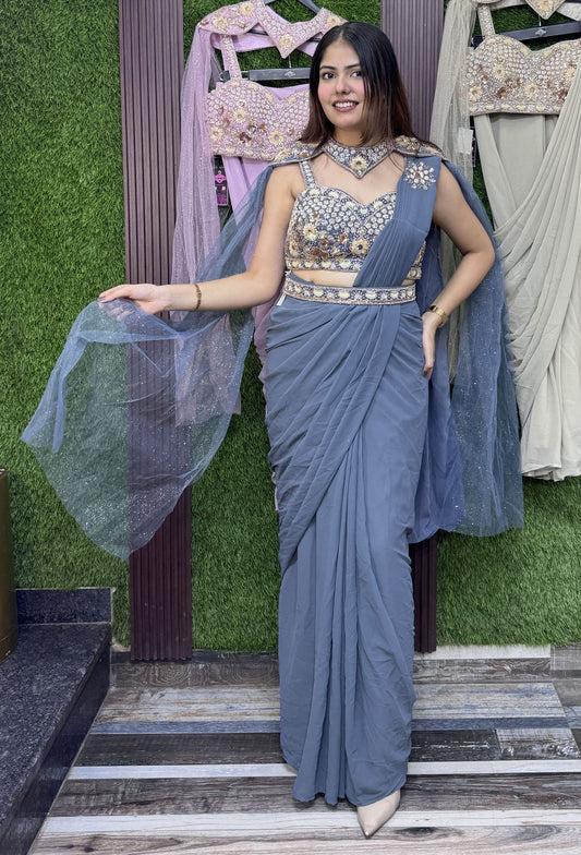 Cape Style Ready-to-Wear Drape Saree with Handwork Blouse & Belt