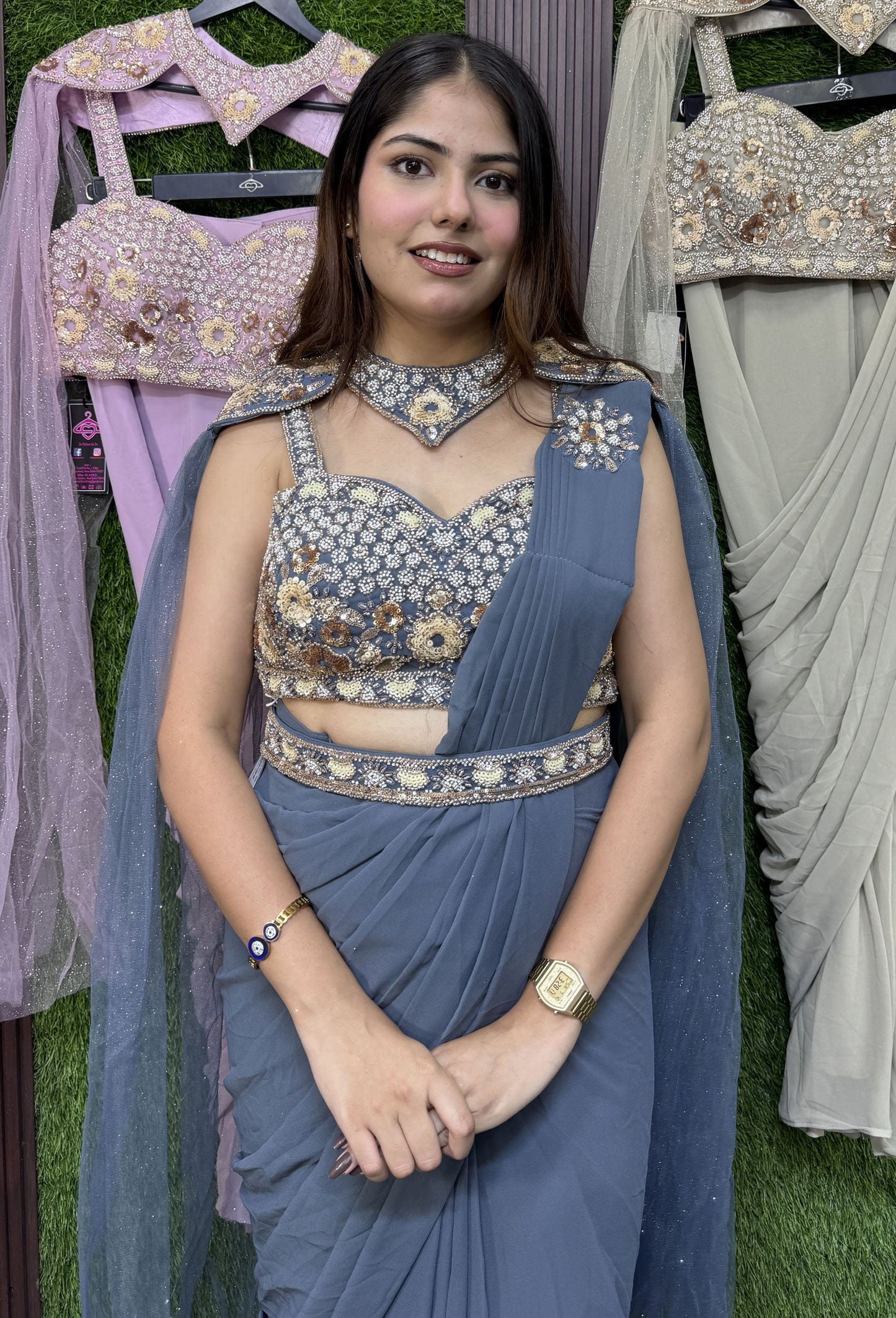 Cape Style Ready-to-Wear Drape Saree with Handwork Blouse & Belt