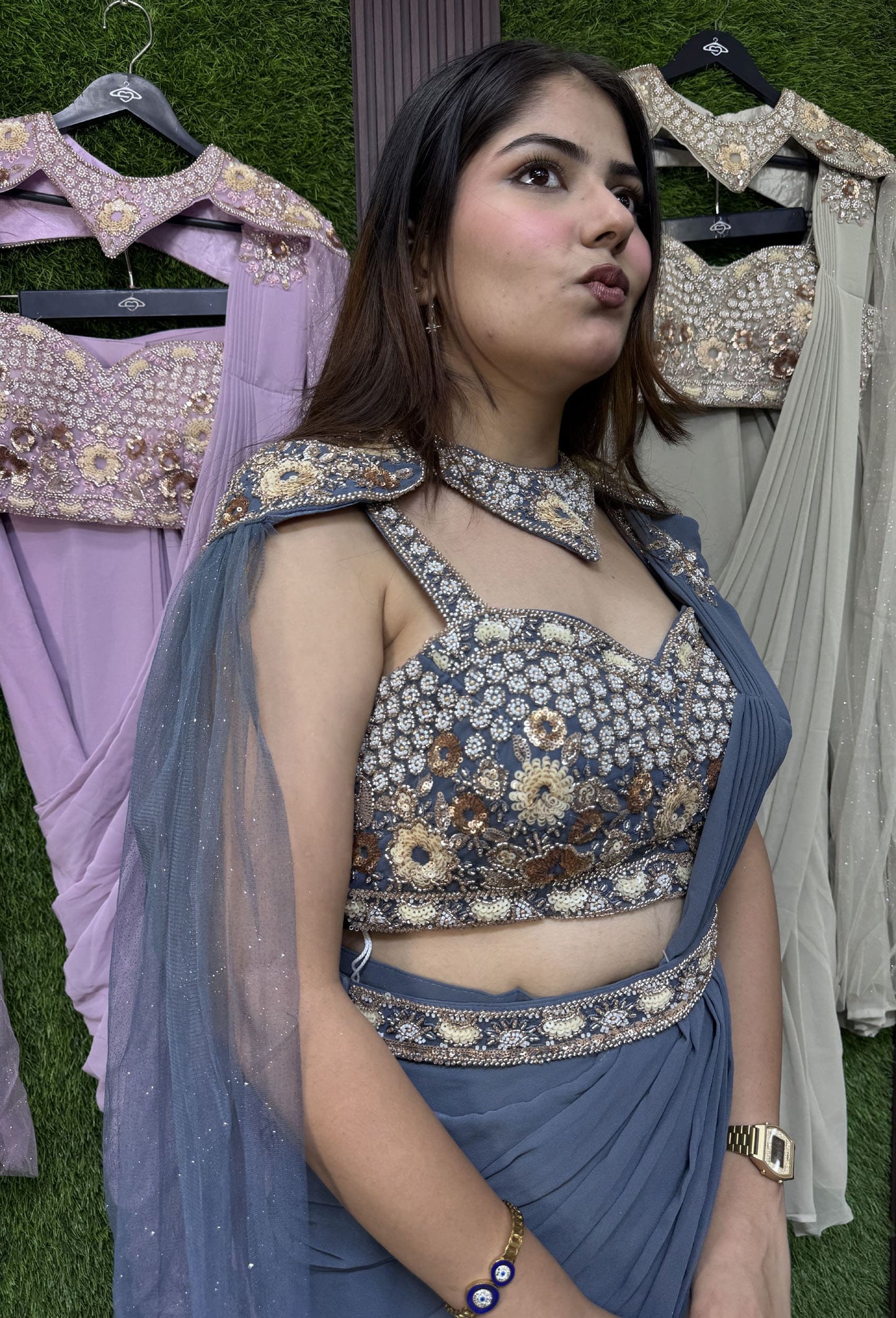 Cape Style Ready-to-Wear Drape Saree with Handwork Blouse & Belt