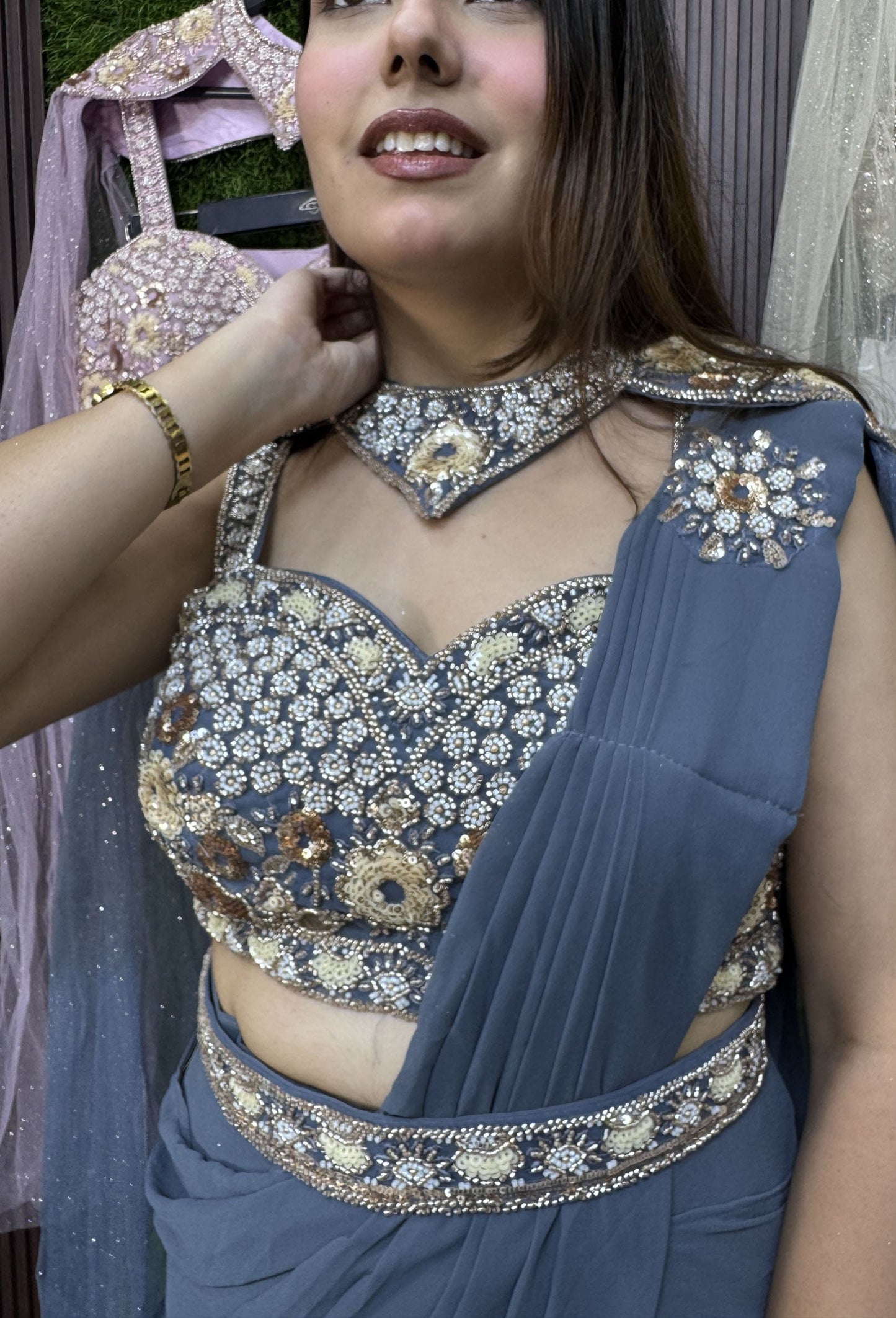 Cape Style Ready-to-Wear Drape Saree with Handwork Blouse & Belt