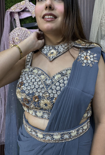 Cape Style Ready-to-Wear Drape Saree with Handwork Blouse & Belt