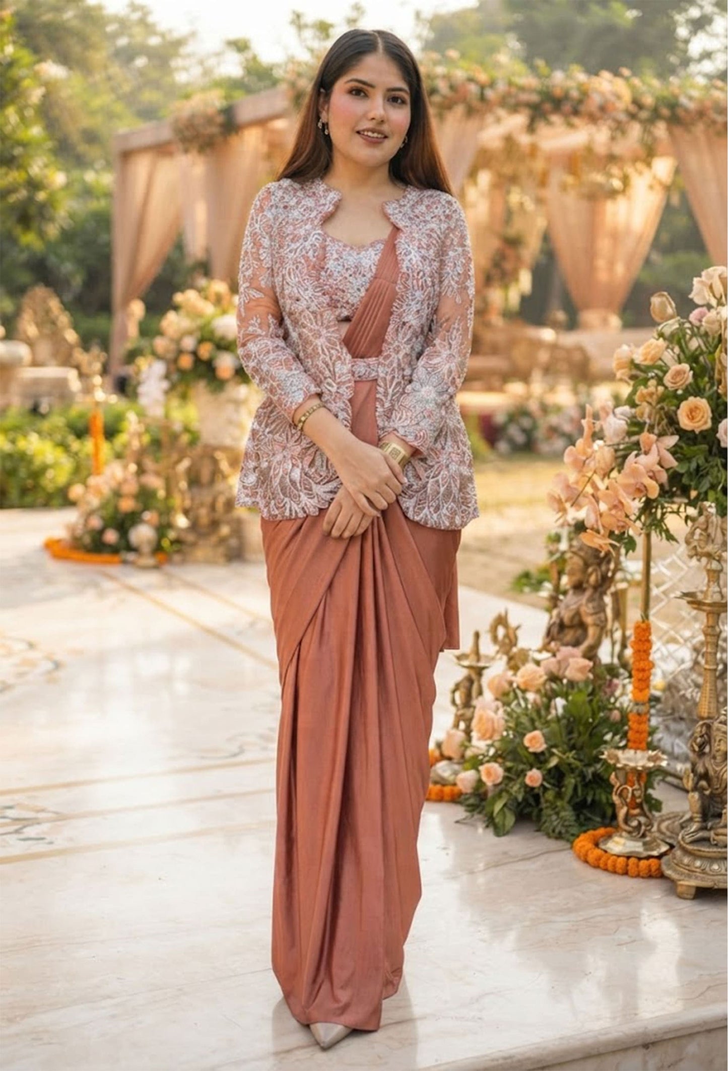 Embroidered Ready-to-Wear Drape Saree with Jacket & Belt