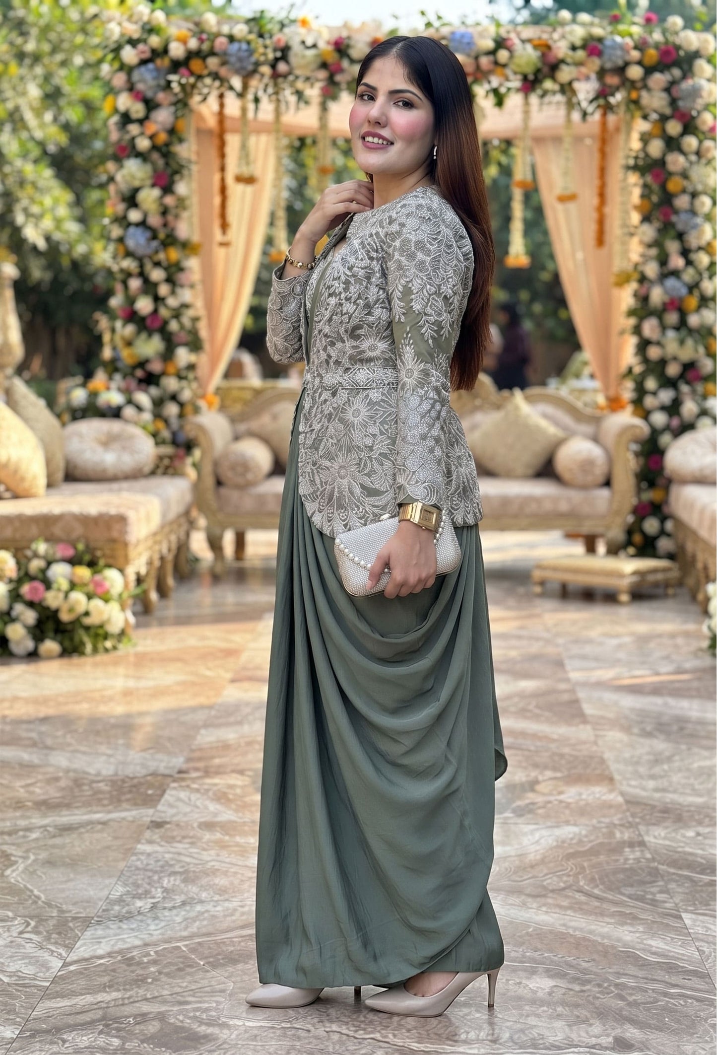 Embroidered Ready-to-Wear Drape Saree with Jacket & Belt