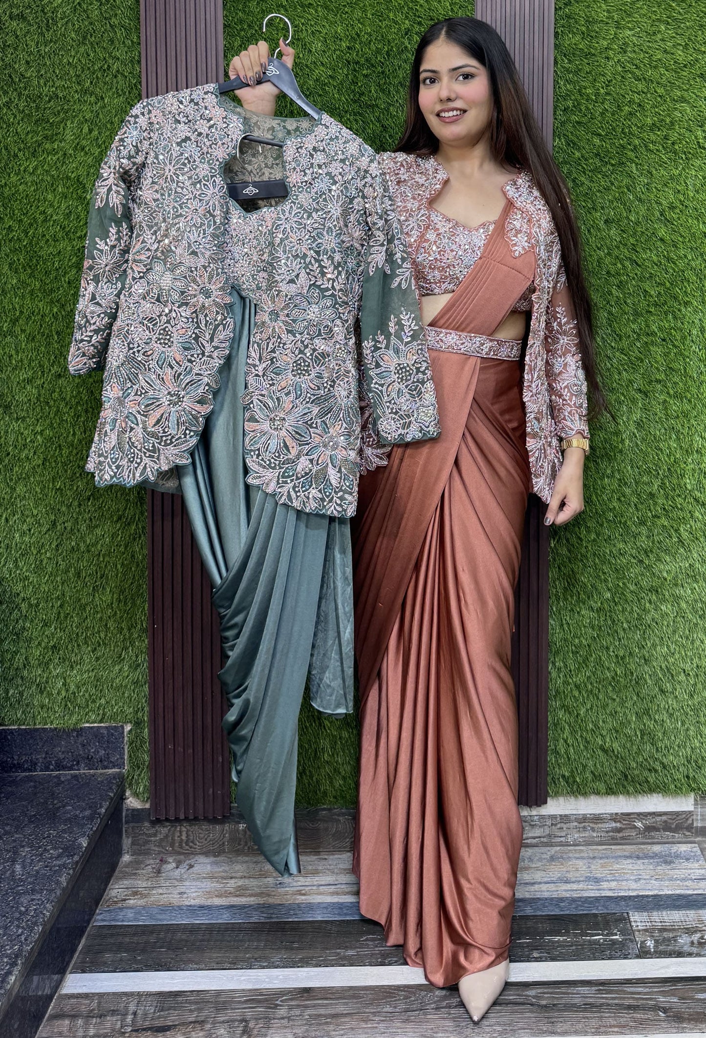 Embroidered Ready-to-Wear Drape Saree with Jacket & Belt