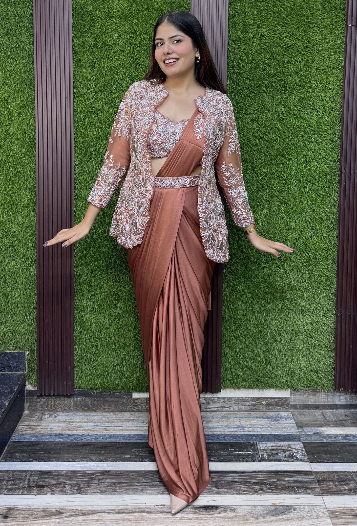 Embroidered Ready-to-Wear Drape Saree with Jacket & Belt