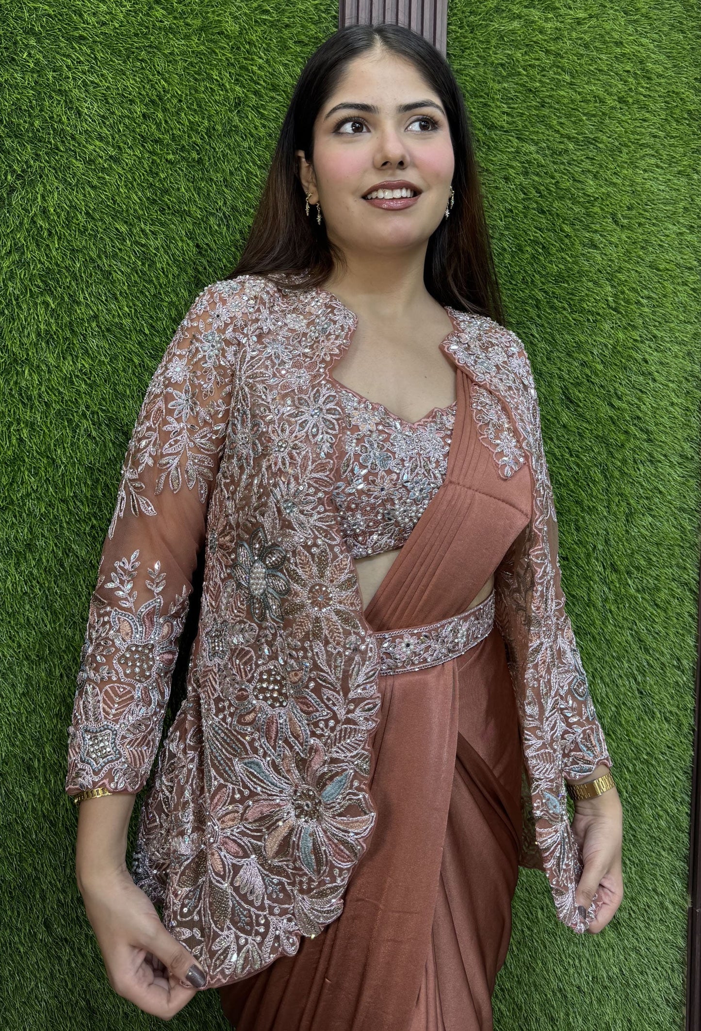 Embroidered Ready-to-Wear Drape Saree with Jacket & Belt
