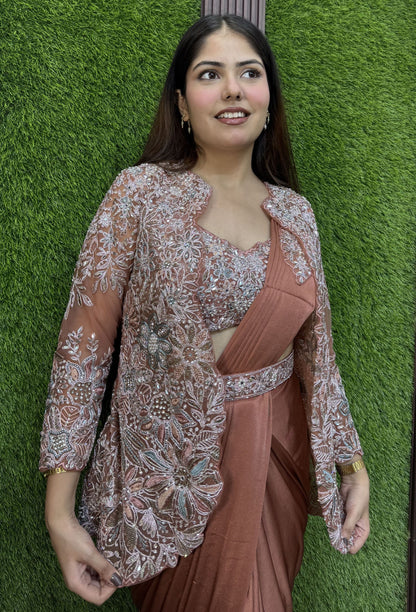 Embroidered Ready-to-Wear Drape Saree with Jacket & Belt