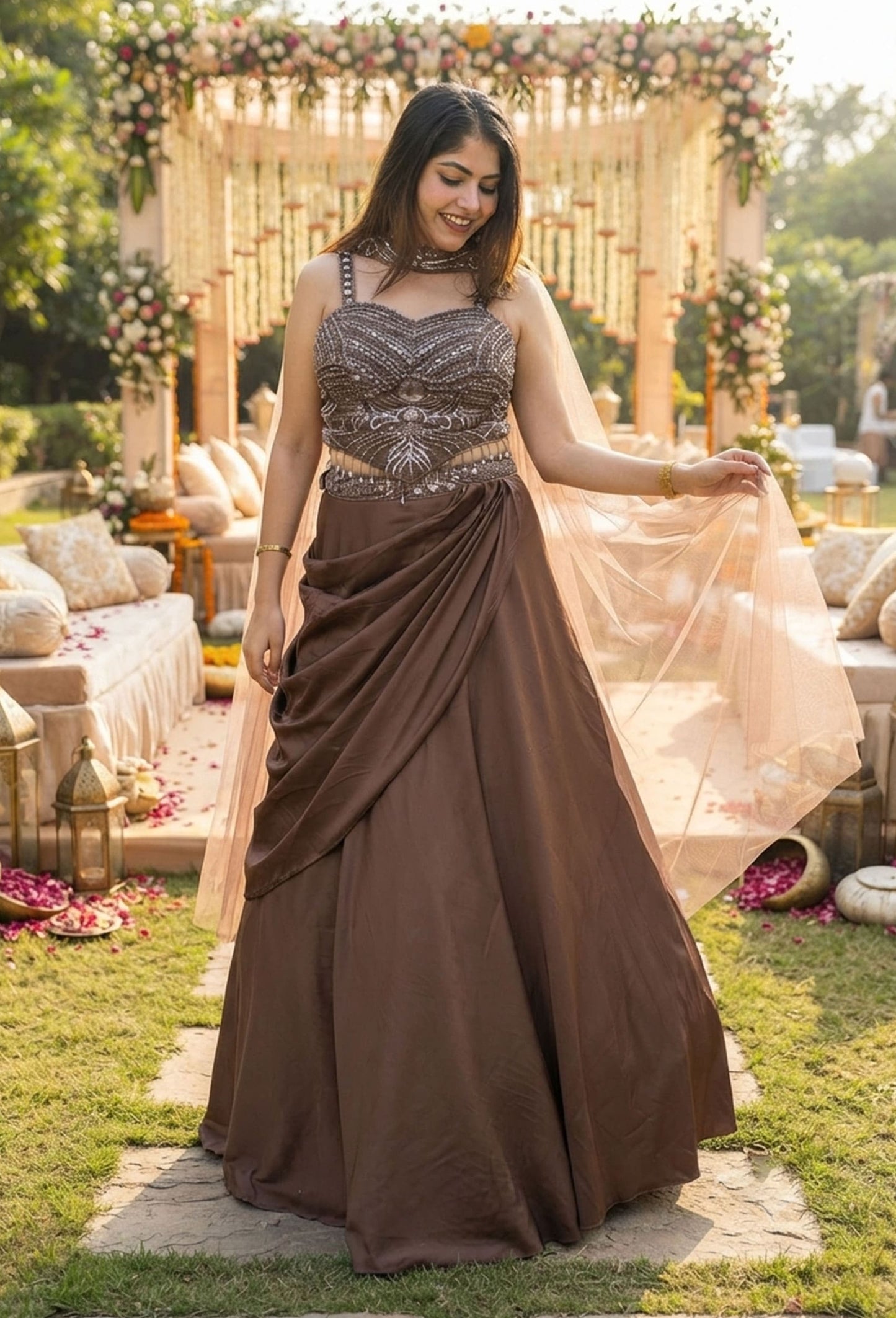 Designer Corset Lehenga Set with Satin Drape Skirt & Choker Dupatta