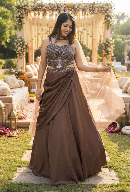 Designer Corset Lehenga Set with Satin Drape Skirt & Choker Dupatta
