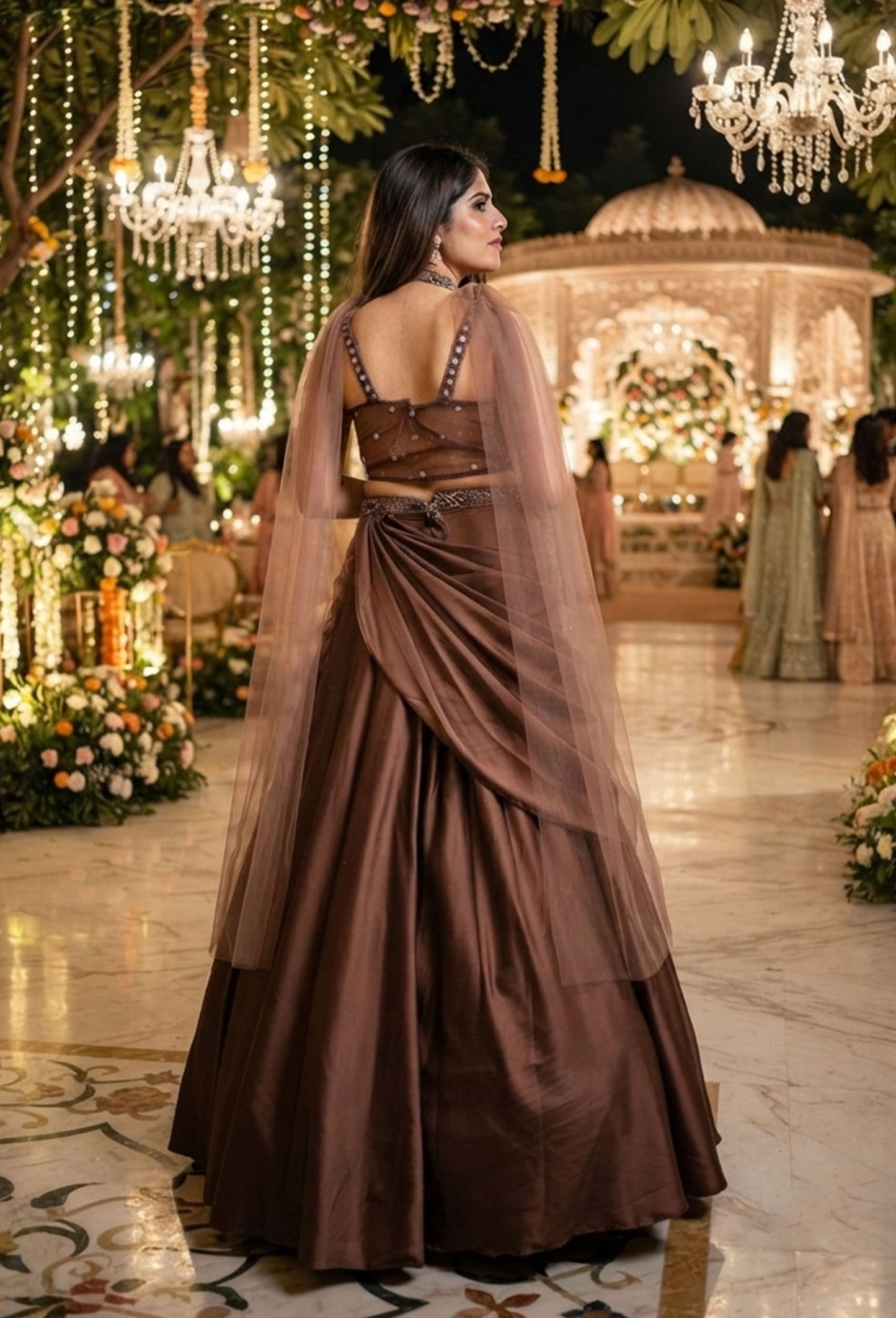 Designer Corset Lehenga Set with Satin Drape Skirt & Choker Dupatta