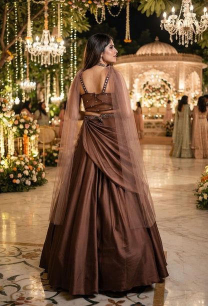Designer Corset Lehenga Set with Satin Drape Skirt & Choker Dupatta