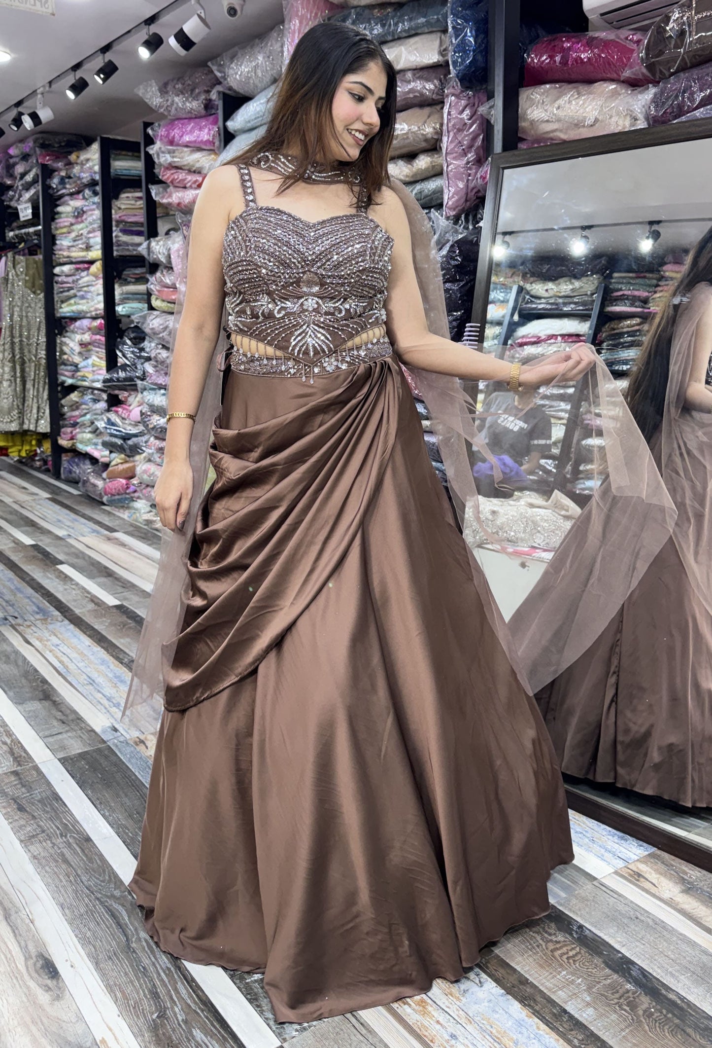 Designer Corset Lehenga Set with Satin Drape Skirt & Choker Dupatta