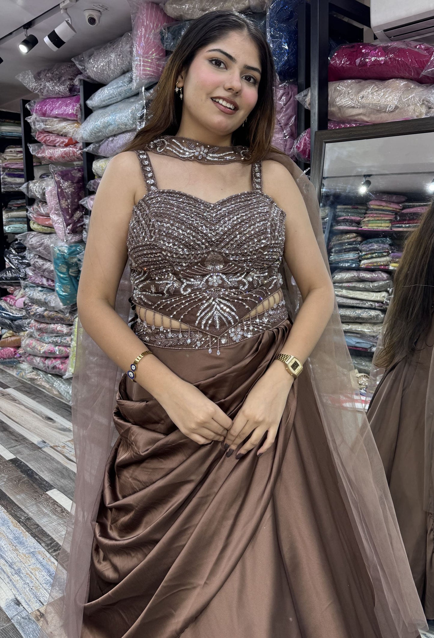 Designer Corset Lehenga Set with Satin Drape Skirt & Choker Dupatta