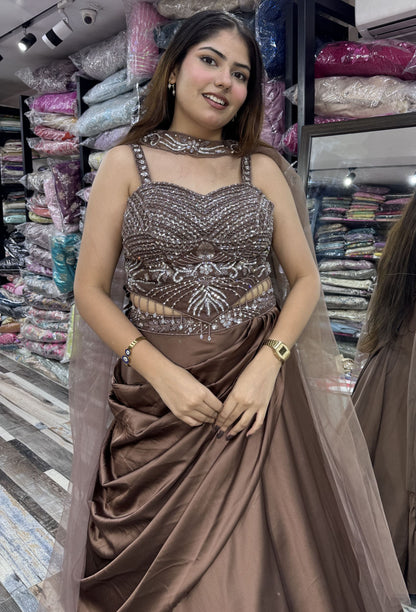 Designer Corset Lehenga Set with Satin Drape Skirt & Choker Dupatta