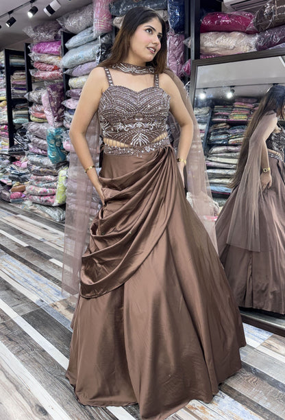 Designer Corset Lehenga Set with Satin Drape Skirt & Choker Dupatta