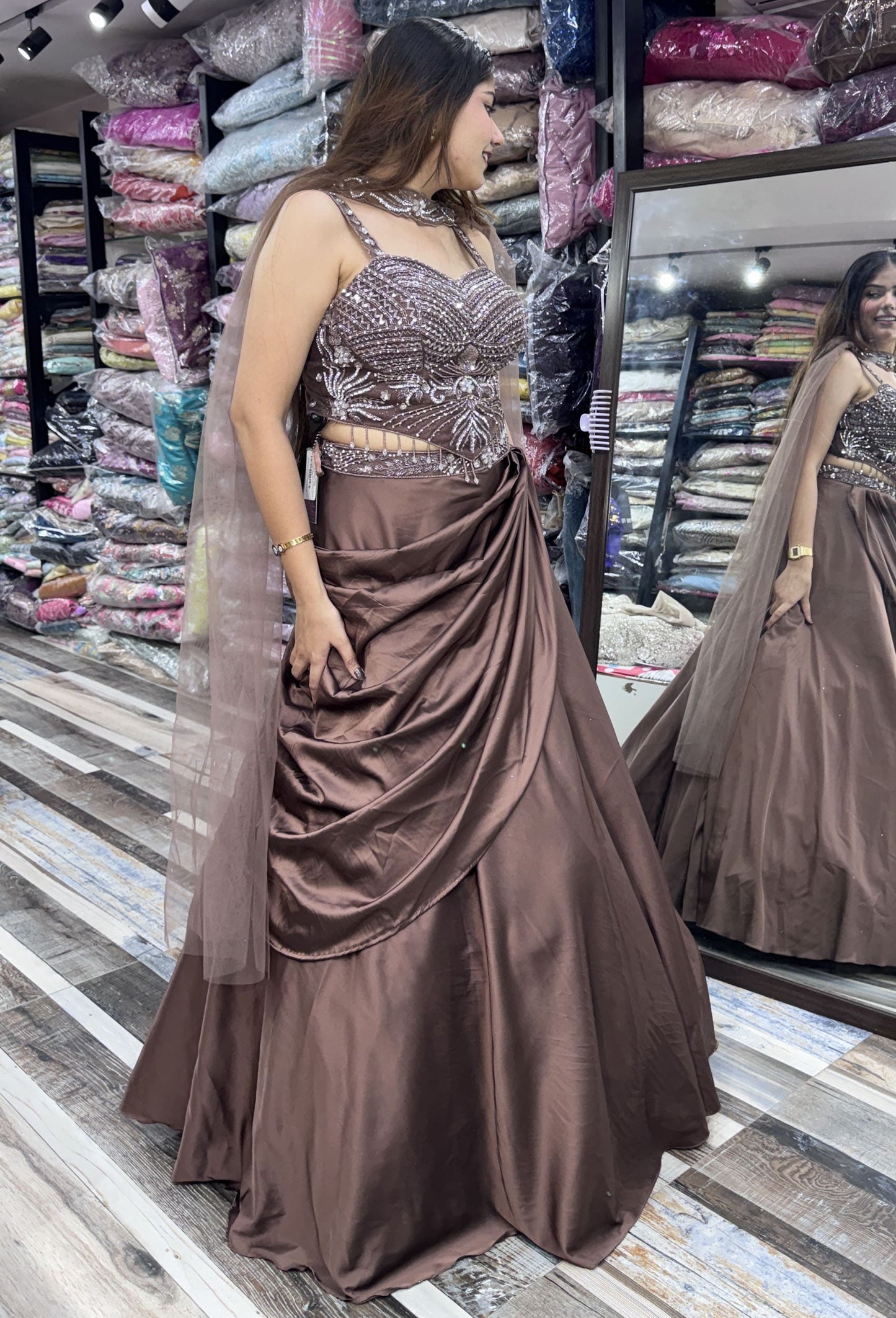 Designer Corset Lehenga Set with Satin Drape Skirt & Choker Dupatta