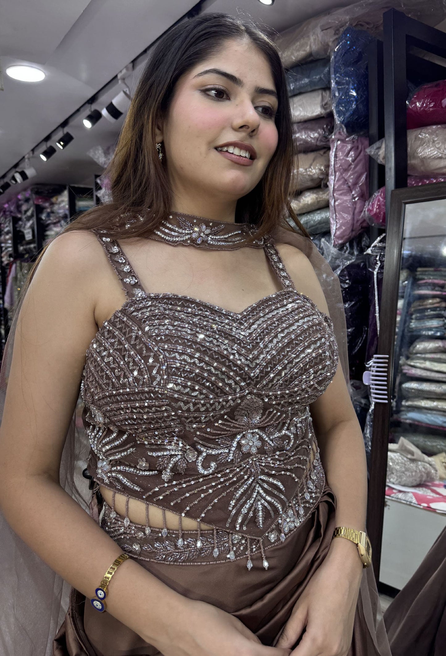 Designer Corset Lehenga Set with Satin Drape Skirt & Choker Dupatta