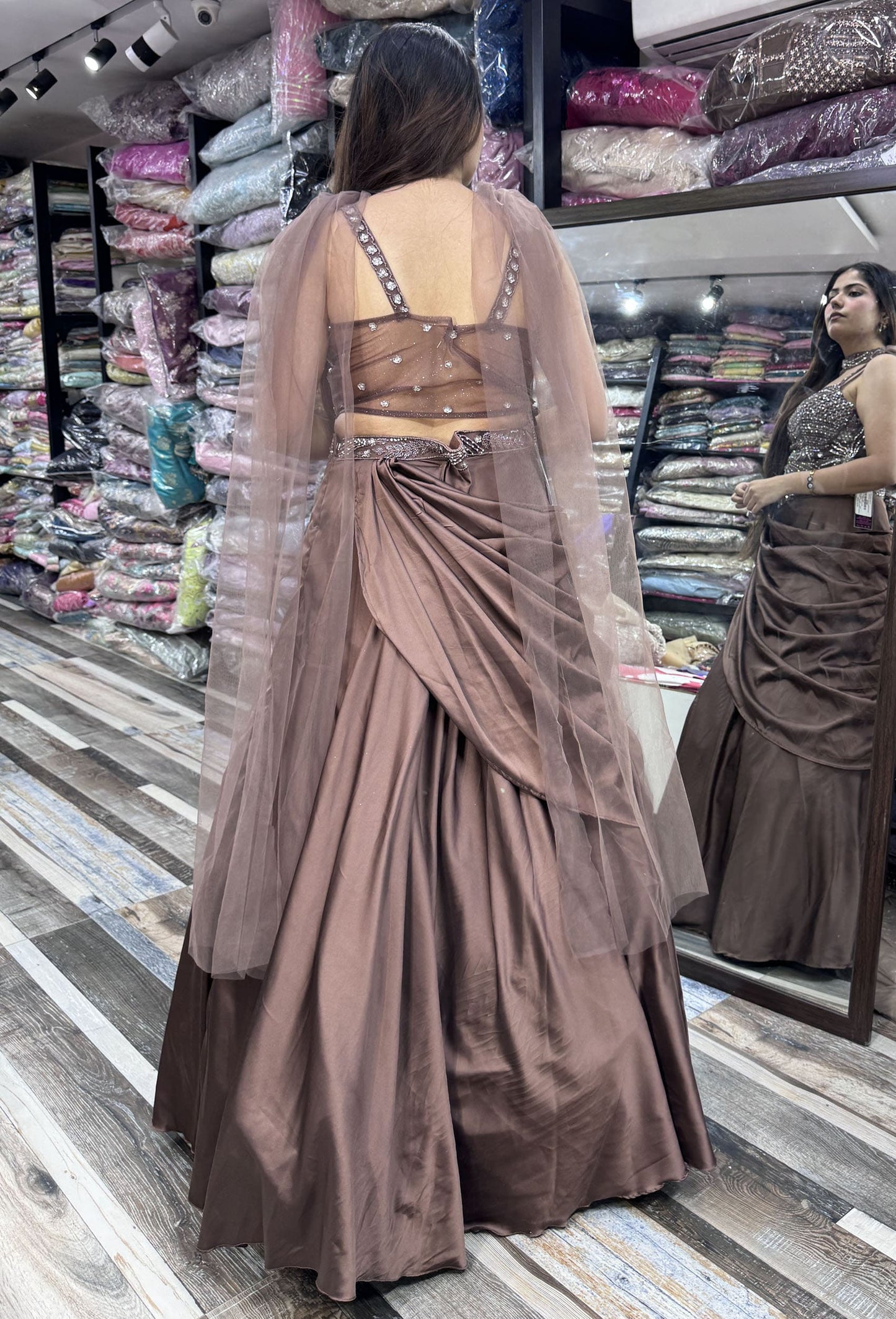 Designer Corset Lehenga Set with Satin Drape Skirt & Choker Dupatta