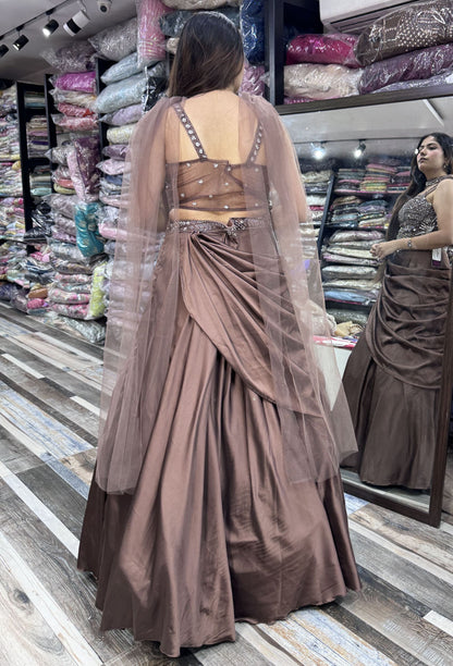 Designer Corset Lehenga Set with Satin Drape Skirt & Choker Dupatta