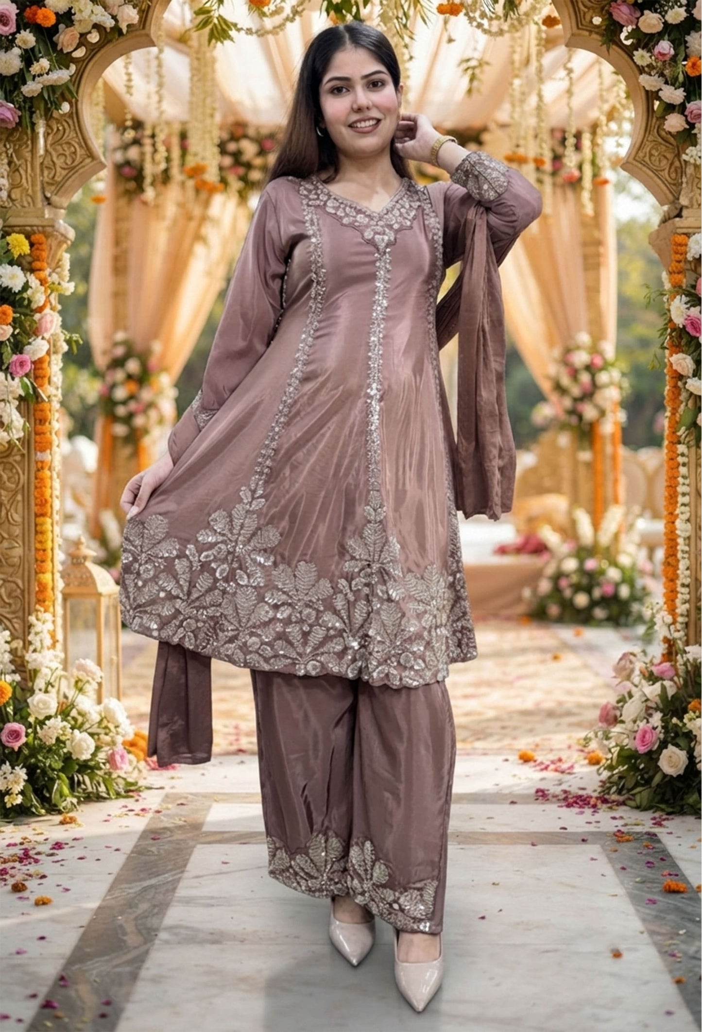 Pakistani Crepe Anarkali Plazo Suit Set with Embroidered Dupatta