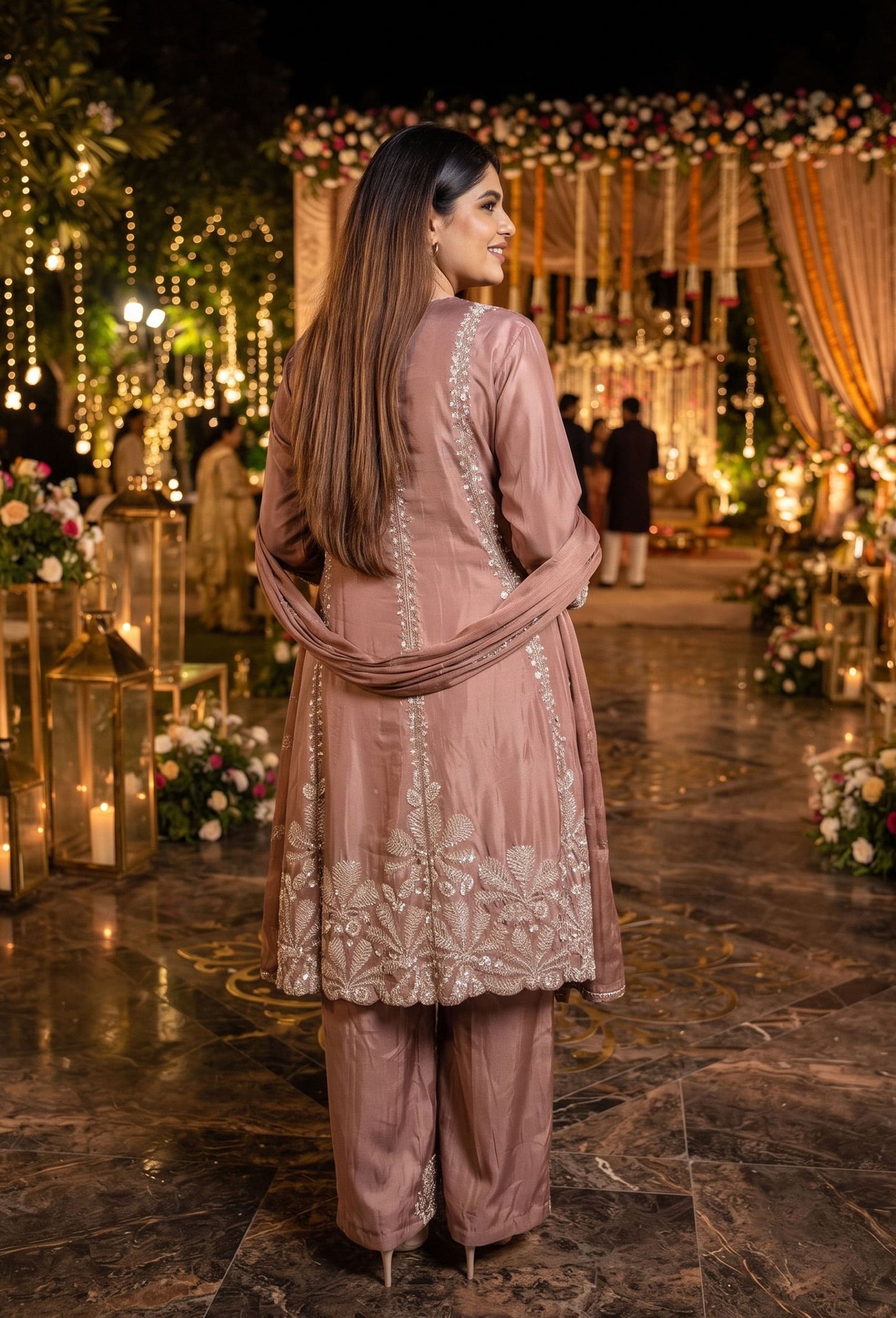 Pakistani Crepe Anarkali Plazo Suit Set with Embroidered Dupatta