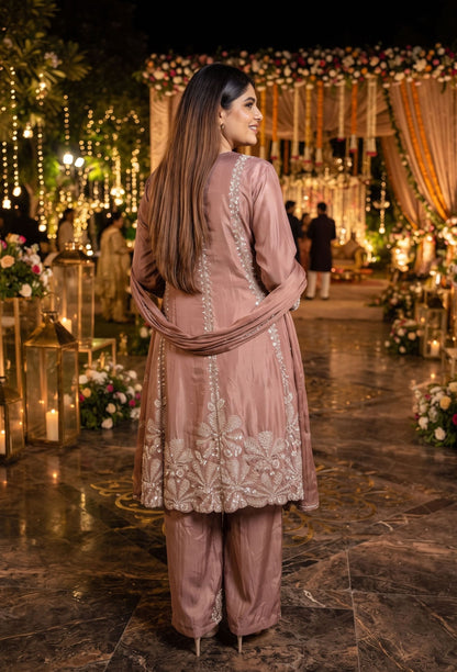 Pakistani Crepe Anarkali Plazo Suit Set with Embroidered Dupatta