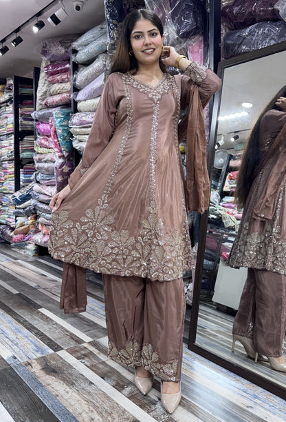 Pakistani Crepe Anarkali Plazo Suit Set with Embroidered Dupatta