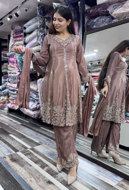 Pakistani Crepe Anarkali Plazo Suit Set with Embroidered Dupatta