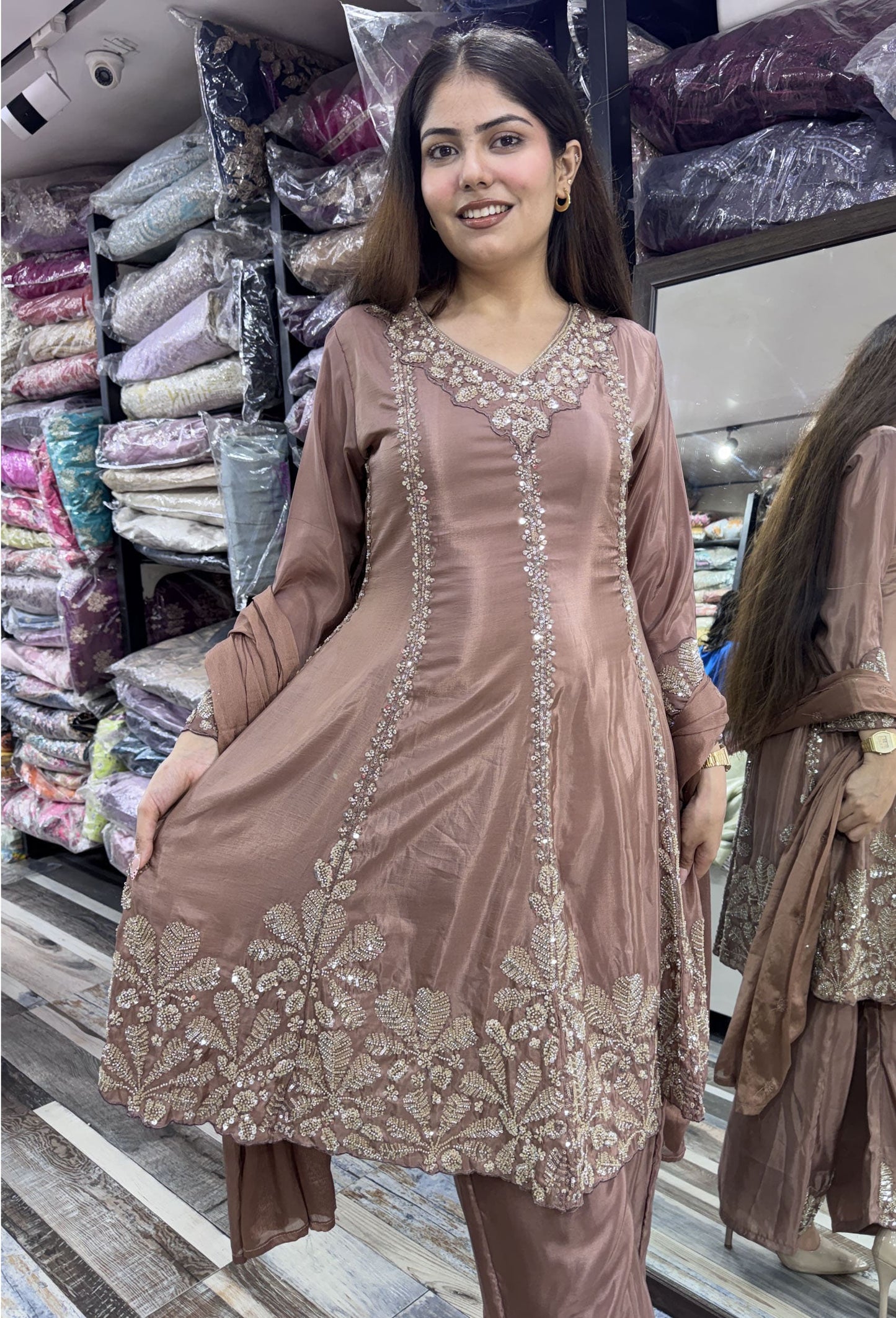 Pakistani Crepe Anarkali Plazo Suit Set with Embroidered Dupatta