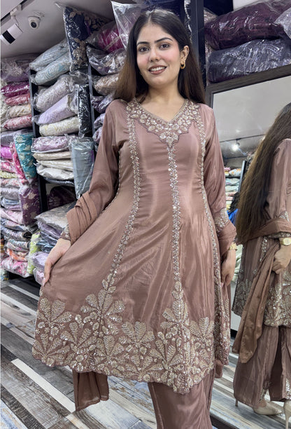 Pakistani Crepe Anarkali Plazo Suit Set with Embroidered Dupatta