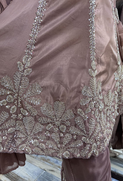 Pakistani Crepe Anarkali Plazo Suit Set with Embroidered Dupatta