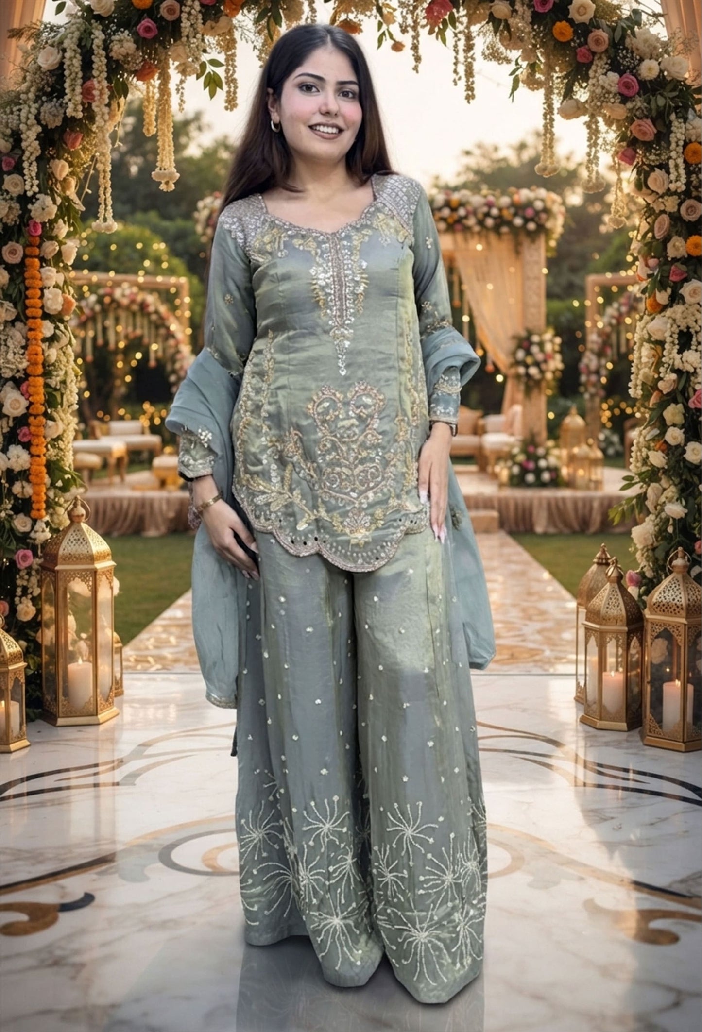 Elegant Hand Work Organza Silk Sharara Suit with Heavy Embroidered Dupatta