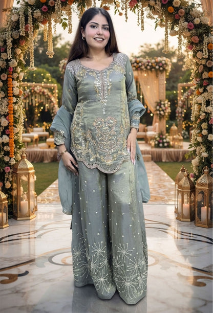 Elegant Hand Work Organza Silk Sharara Suit with Heavy Embroidered Dupatta